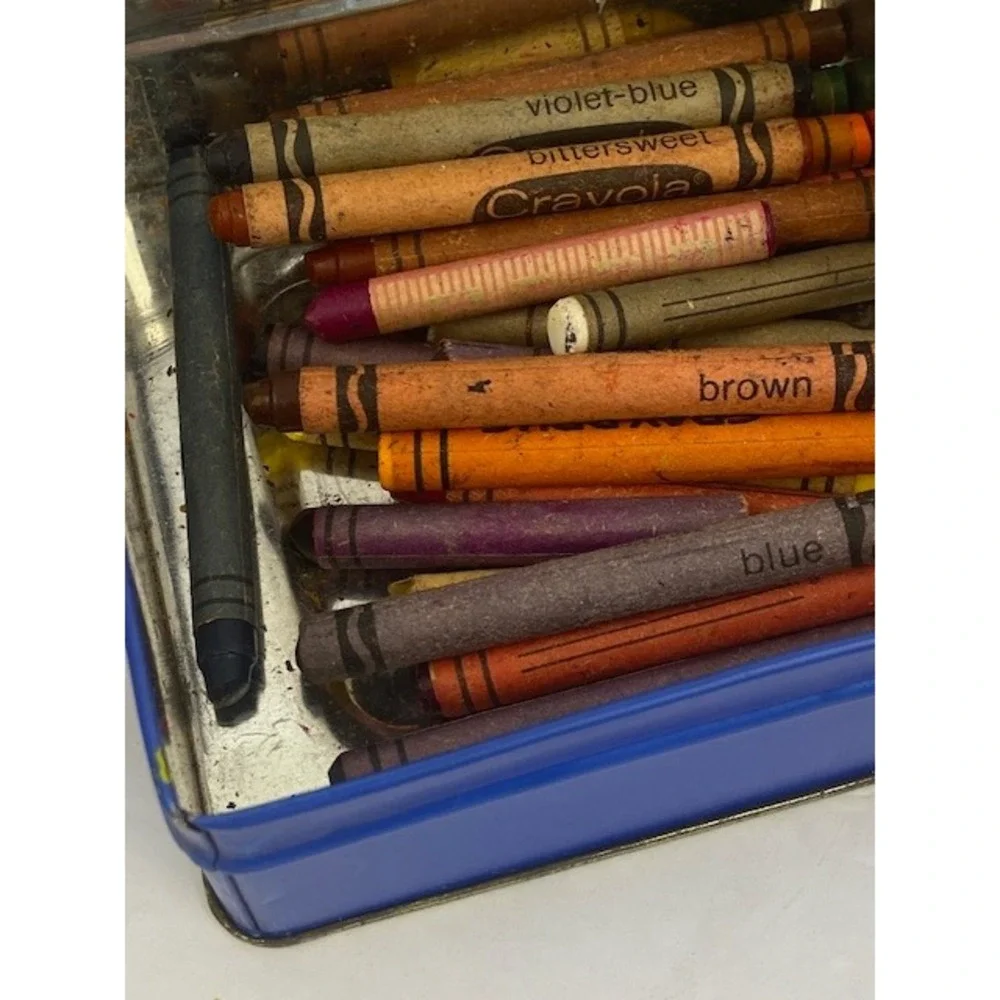 Vintage Crayola Gray Drug Crayon Collection in Daher Winter Farm Scene Metal Tin